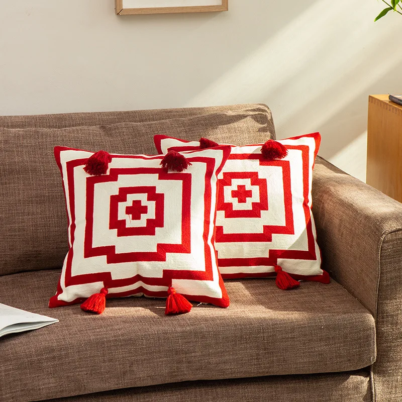 Geometric Sun Face Embroidery Wholesale Modern Home Decor Modern Luxury Throw Pillow Cover Case with Tassels