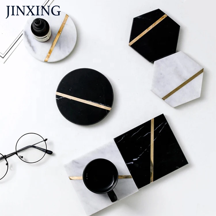 Factory Direct Price White Hexagon Natural Marble Stone Bar Tea Drink Coasters Cup Mat Set With Gold Brass Inlay For Home