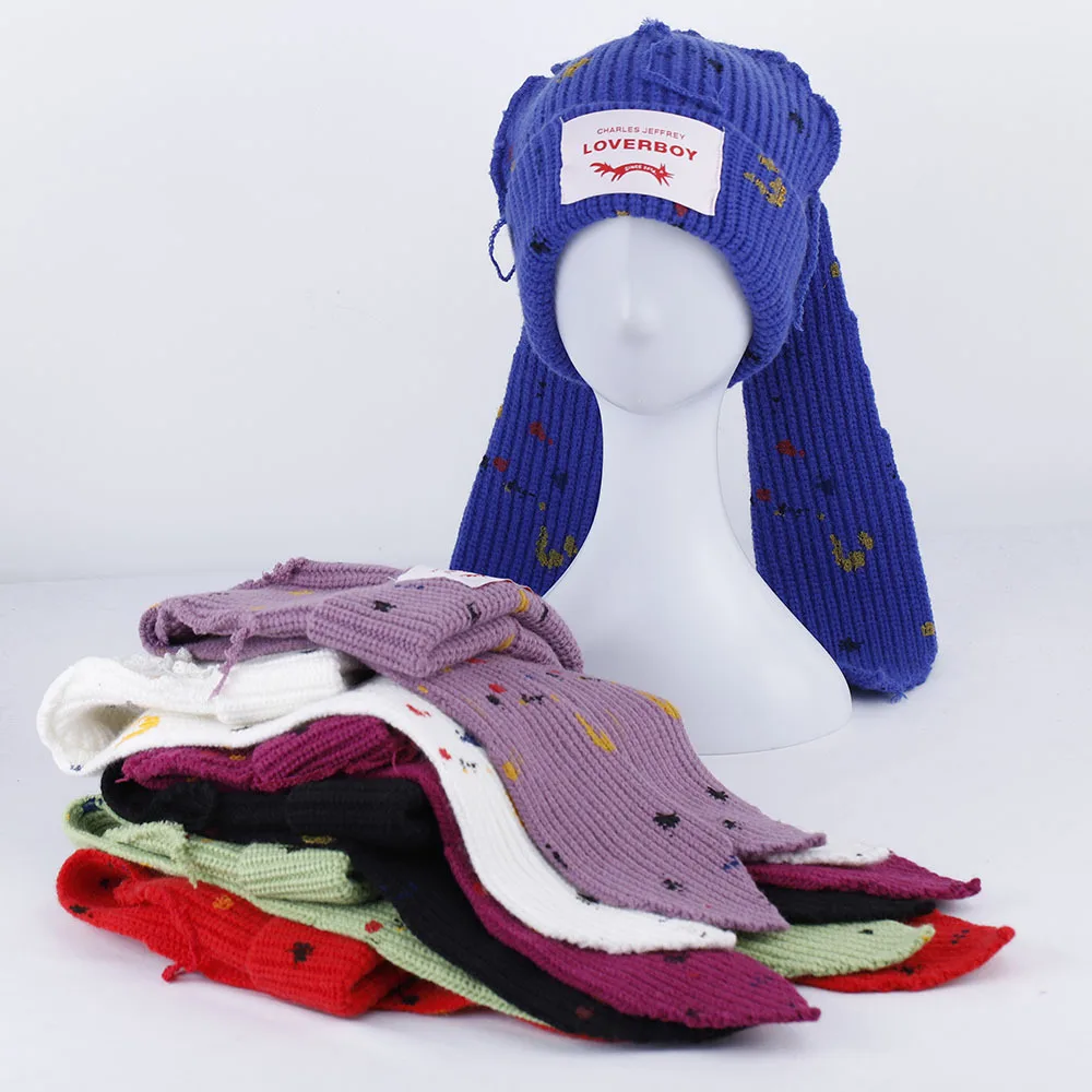 Fashion Graffiti Knitted Bunny Hat Y2K Long Ears Beanie with Animal Rabbit Ears Custom
