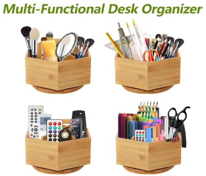 Eco-friendly Bamboo Rotating Pencil Holder with 6 Compartments Bamboo Wooden desk organizer