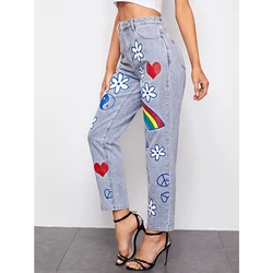 NVFelix 2022 Spring New Style Ladies Personalize Cute Colorful Daisy Paint Mom Jeans
