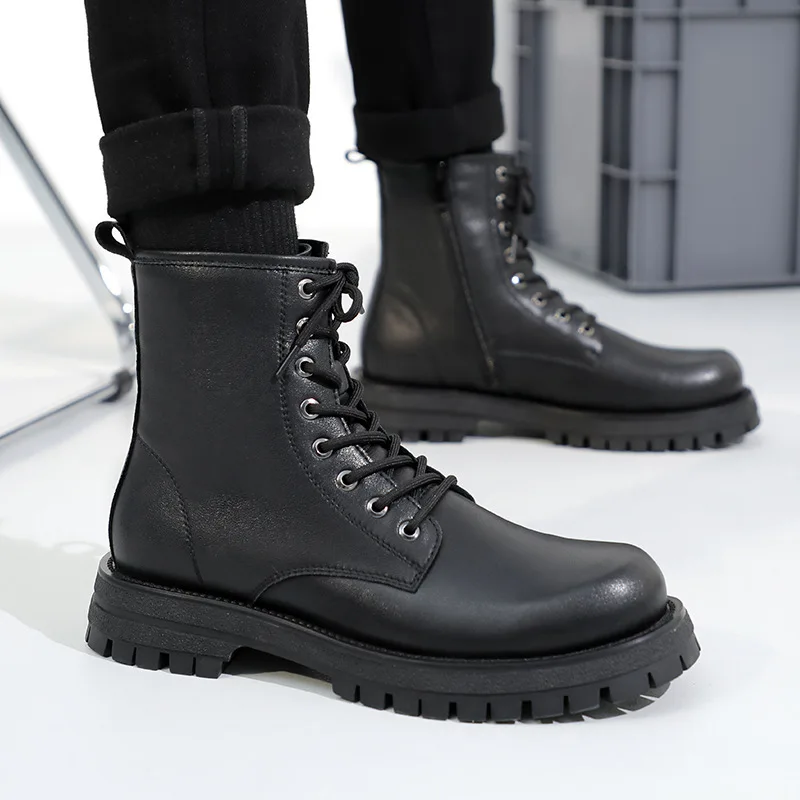 Increase Height Boots for Men Genuine Leather Chelsea Boots Fashion Lace Up Platform Sneakers Autumn Winter Man Motorcycle Boots