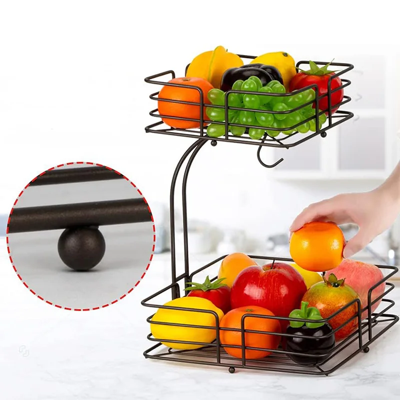 Custom 2-tier Square Countertop Fruit Vegetables Basket Bowl Storage With Banana Hanger Metal Storage Basket
