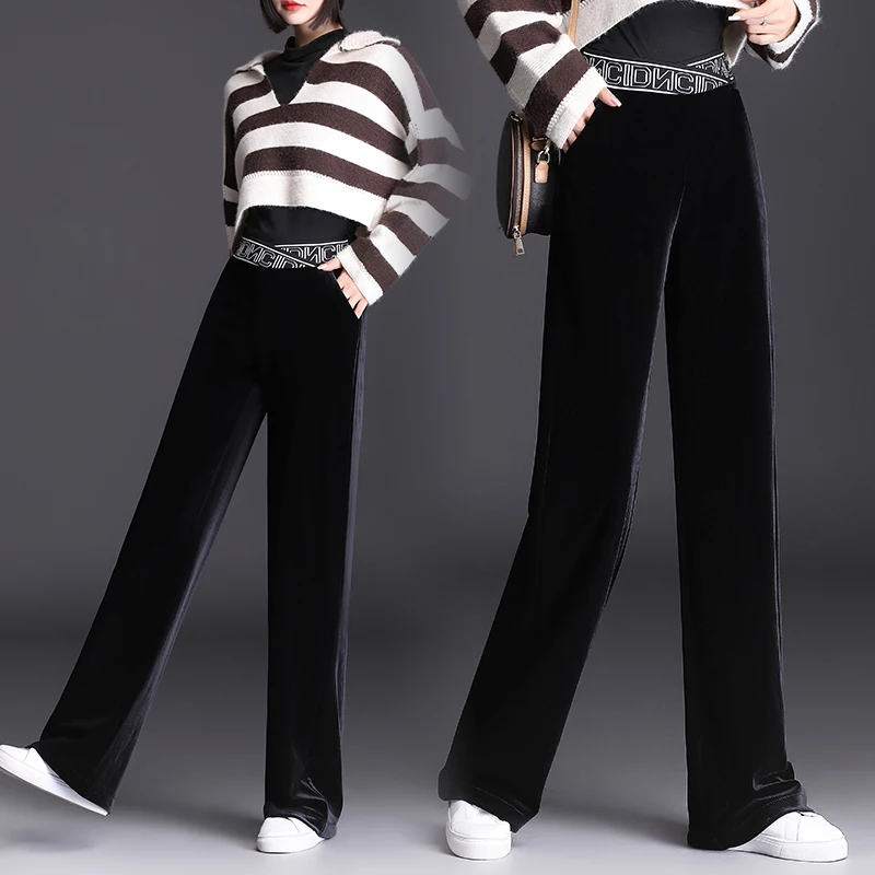 Брюки с высокой талией, женская одежда 2021, модные новые корейские женские золотистые бархатные свободные широкие брюки