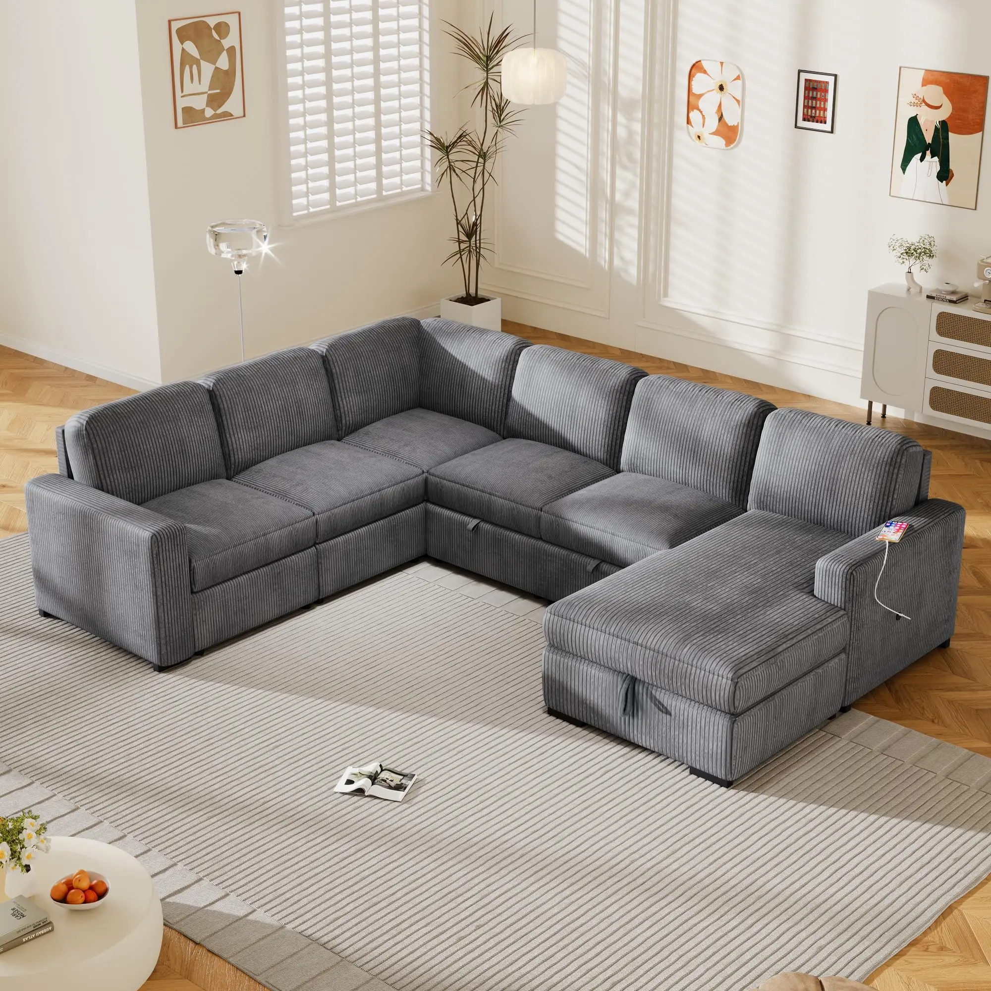 Nordic Thick Striped Corduroy Modular Sectional Sofa L Shape Sofa 3 Seater Sofa For Living Room