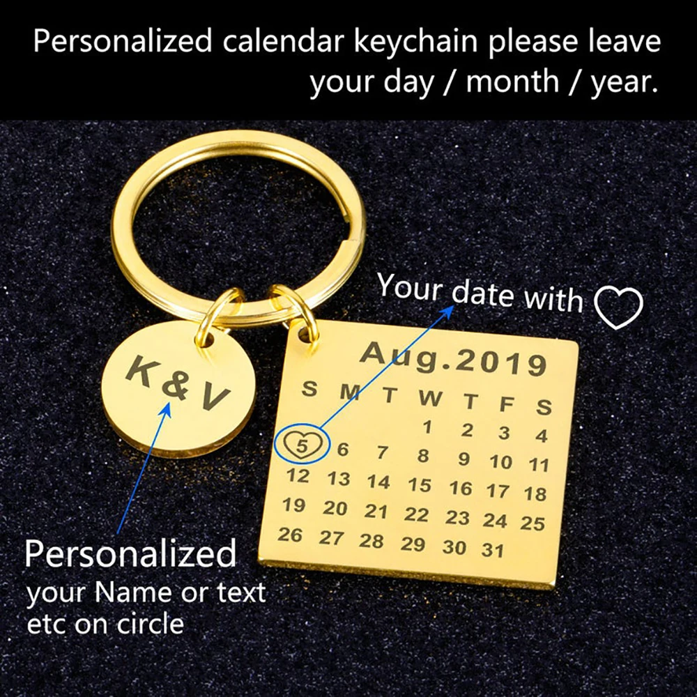 Personalized Custom Calendar Keychain Stainless Steel Key Chain Key Ring Heart Date Engraved Birthday Wedding Anniversary Gift
