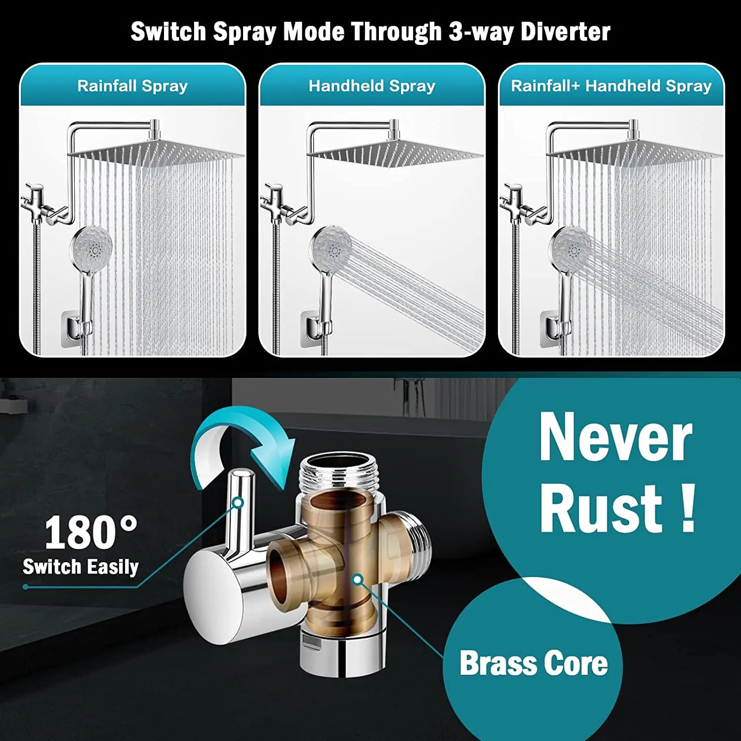 10' Dual Shower Head,Upgraded Rain Shower Head with 11' Adjustable Extension Arm and 6-Setting Handheld Shower Head Combo