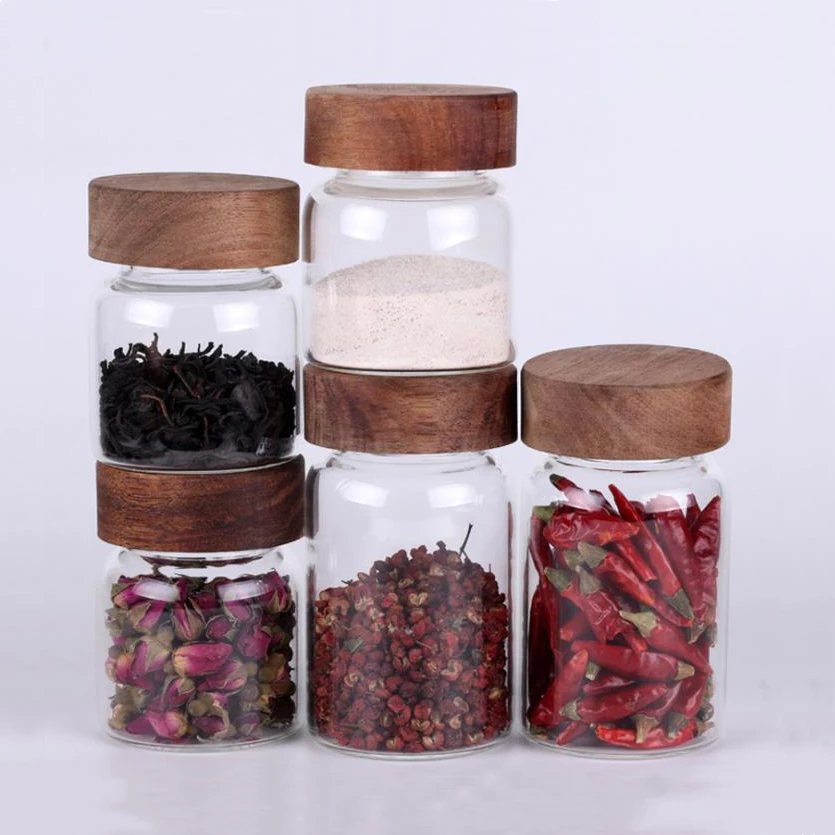 
Retail 6oz - 13oz High borosilicate glass food jar glass storage bottle with Acicia wood lid 