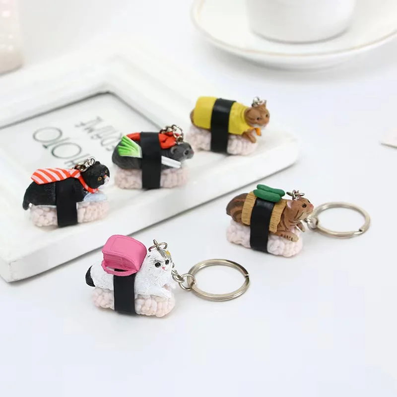 Wholesale 5cm Sushi Cat pvc figure keychain 5pcs cute animal figure Nekozushi Sushi Cat pendant Key Chain set