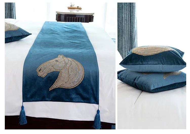
Promotion velvet fabric with horse hot drilling bed runners and pillow case set for home hotel decoratoin 