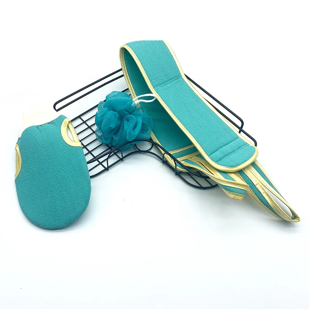 3pcs Bath Supplies Set Bath Durable Fibre Body Scrubber Finger Exfoliating Gloves and Belt Set for Shower