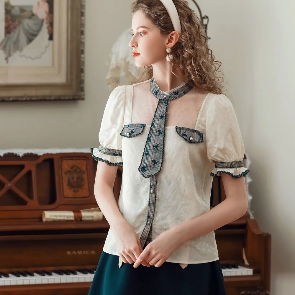 Summer Blouses Short Sleeve Tops Women Blouse Women Tops Blusas Mujer De Moda Jacquard Plaid Apricot Shirt