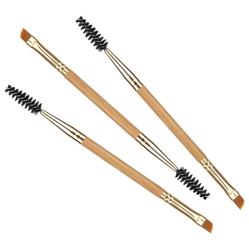 Wholesale high quality make up spoolies 2 in 1 double heads eye lash eco friendly bamboo mascara brush wands with eyebrows brush