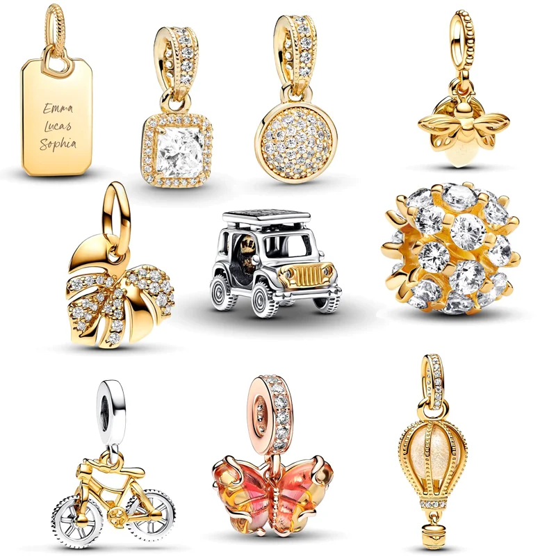 925 Silver Two-tone Adventure Car Bicycle Hot Air Balloon Leaf Firefly Murano Glass Butterfly Golden Beads Fit Pan DIY Bracelet