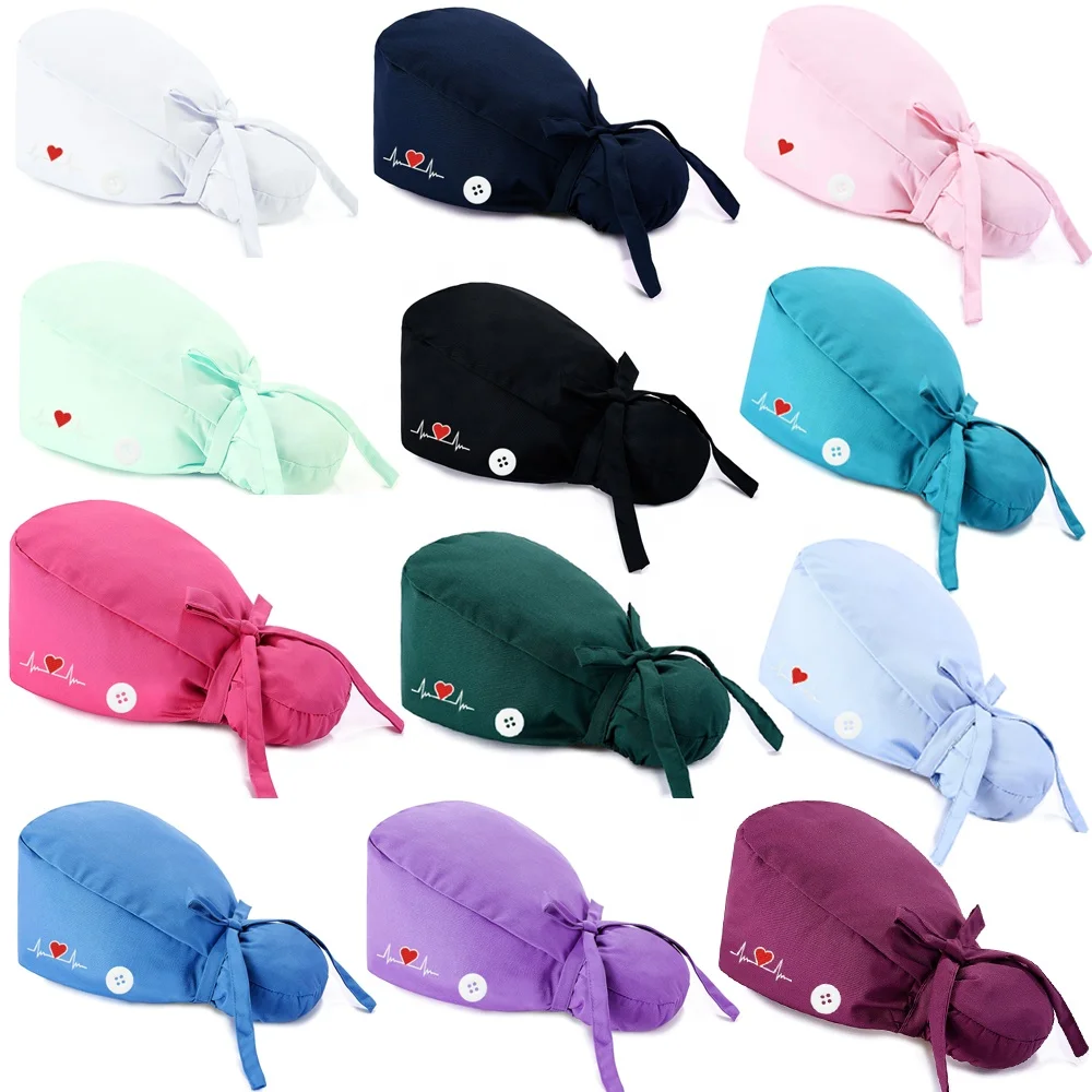 Mix Colors Cotton Long Hair Medical Heart ECG Adjustable Hat With Button Tie Back Bonnet Nurse Accessories