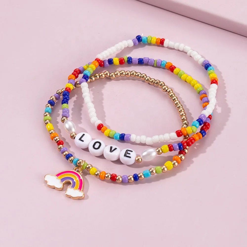 3pcs Wholesale Bohemia Hand Jewelry Metallic Alloy Elastic Rainbow Seed Beads Bracelet Diy Charm Bracelet