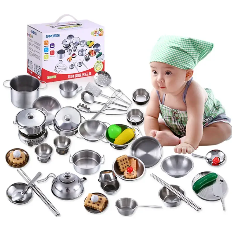 2023 Hot Selling Mini Incl Cooker Cookware Stainless Steel Kitchen Set Toys miniature kitchen toy set for real cooking kids toys