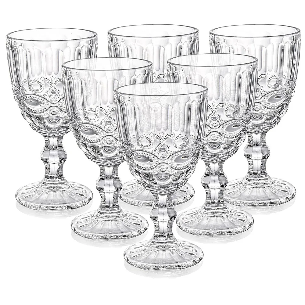 Wholesale Vintage Champagne Blue Amber Water Wine  Goblets Cups Embossed Pattern Glassware Goblets for Wedding