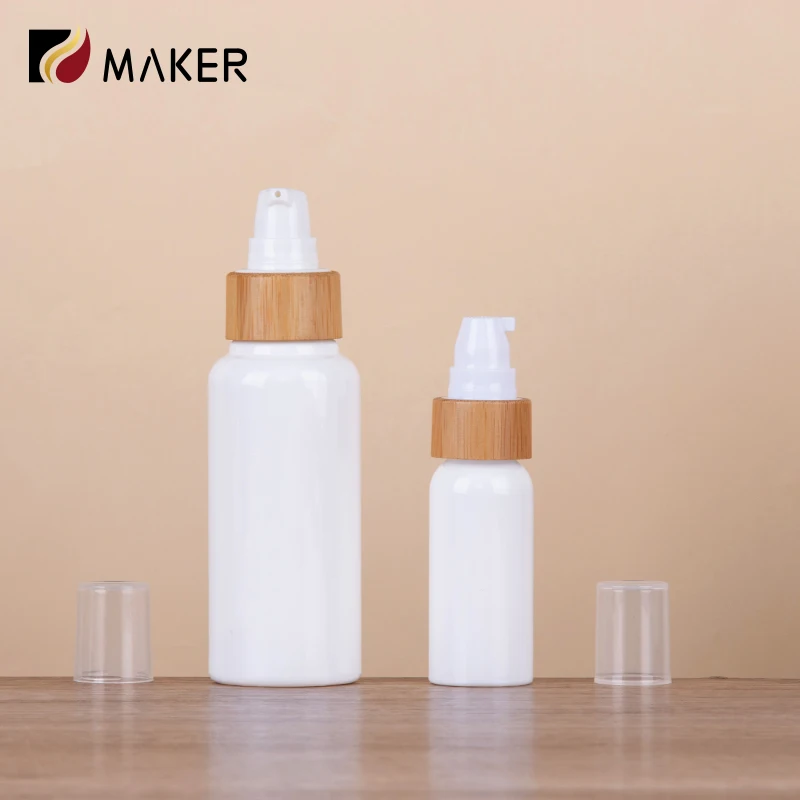 Bamboo Wood PET Plastic Pump Head Cosmetics Toner Emulsion Lotion Dispenser 50ml 60ml 100ml White Plastic Press Spray  Bottle