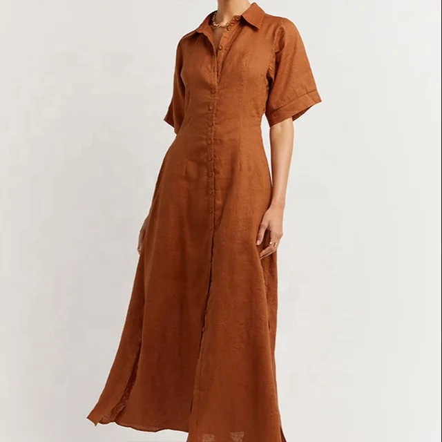 Women Casual Breathable Cotton Linen Shirt Dress Long Dress Side Split Hem Dress For Women