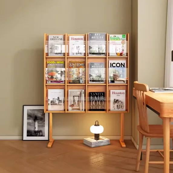 School Library Newspaper Brochure Wood Display Stand Custom Magazine Book Display Shelf Cabinet