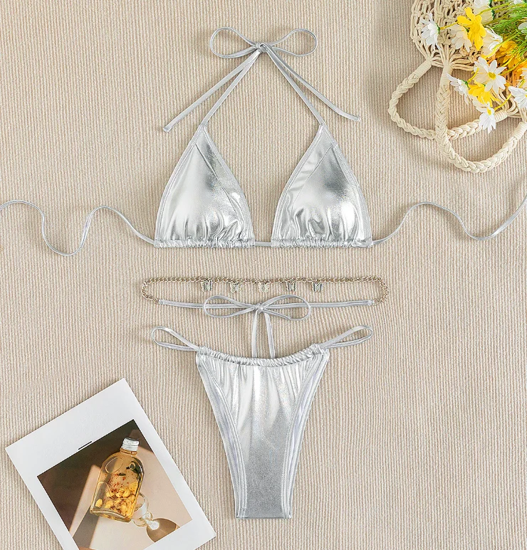 NEW STOCK Ties Details Basic Swimsuit Metallic Bikini Set Jewel Ties Belt Silver 3Pieces Swimwear