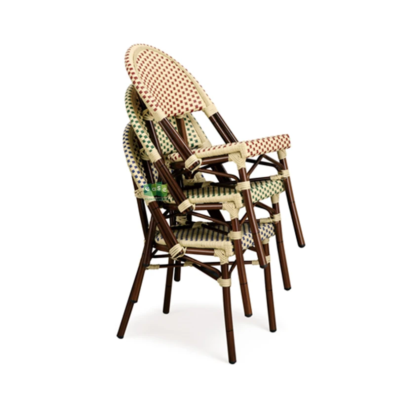 (E1042) Modern aluminium metal french bistro artificial rattan restaurant chair outdoor furniture