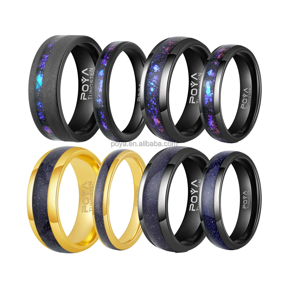 Свадебное кольцо Poya для пары полированное золото пескоструйное черное вольфрамовое с инкрустацией