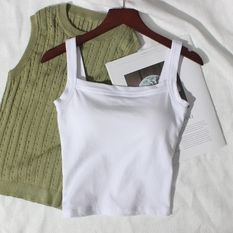 Slim strap integrated bra with thin top, inner layer with chest pad, square collar, outer wearing vest
