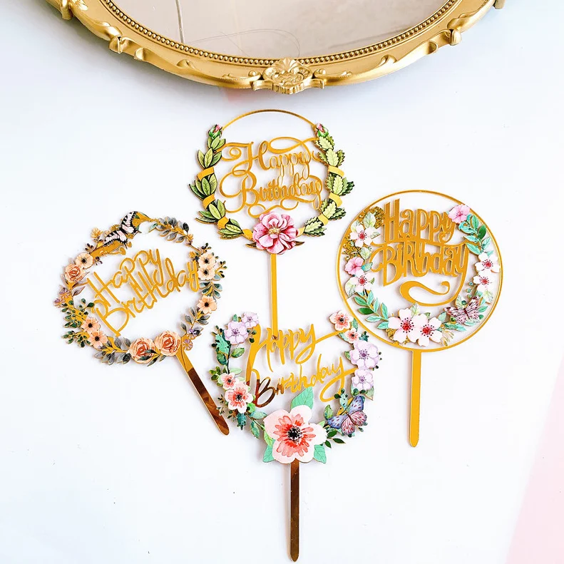 Mini Size Beautiful Flower Acrylic Happy Birthday Cake Topper Baby Show Party Decoration