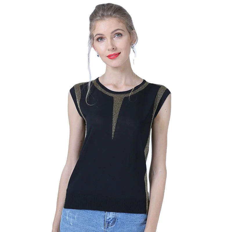 Женская тонкая трикотажная блузка из вискозы, черный пуловер с круглым вырезом и глубоким V-образным вырезом, блестящая блузка без рукавов, лето 2021