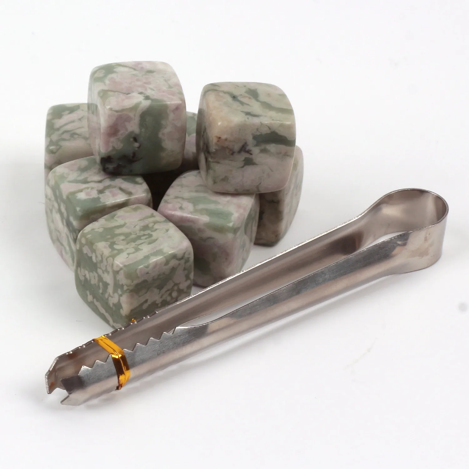 8pcs Whiskey Stone Rocks Beverage Chilling Rocks Reusable Cooling Stone Cube with Ice Tongs Green Onyx