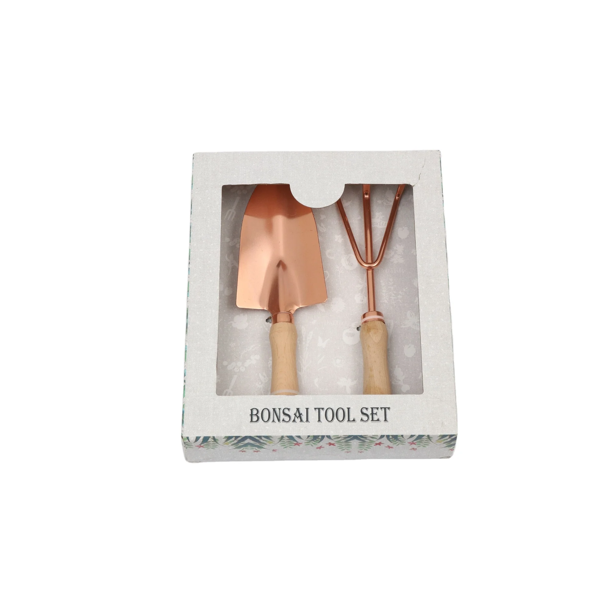 Custom Rose Gold 2pcs Garden Hand Iron Equipment Digging Tools Shovel Leaf Rake Claws Sets with Wooden Handle