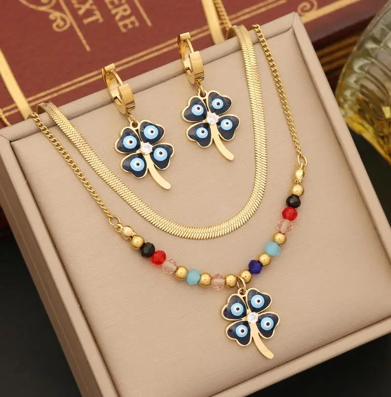 18k Vintage Drip eye jewelry sets stainless steel double chain Europe and America fashion jewelry sets