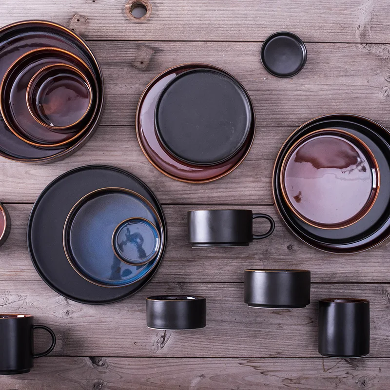 
Matt Black reactive glazed Dinnerware Sets Ceramic Porcelain Bowl Plate mup cup can be purchased separately 