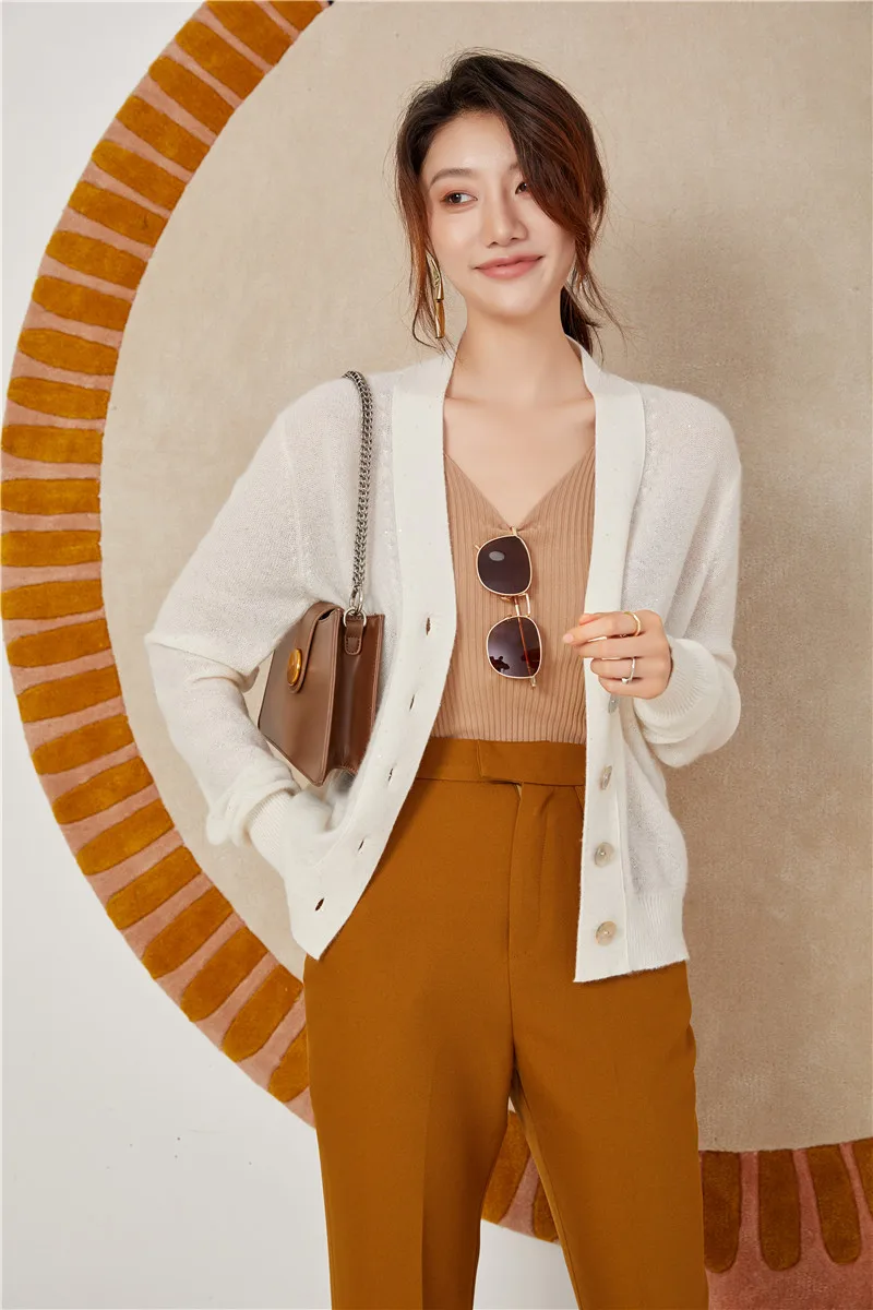 Hot Selling Female Sequin 100% Cashmere Knitted Button V-neck Sweater Cardigan