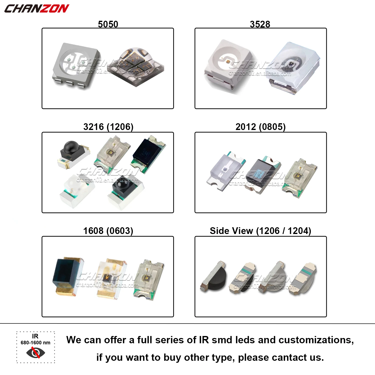 Full Series IR SMD светодиодный чип инфракрасный 7060 5050 3535 3030 2835 3528 1206 0805 0603 850nm 940nm 1050nm 1450nm 1600nm вид сбоку