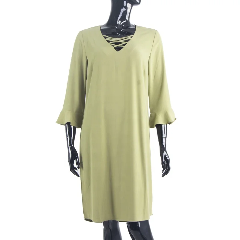 
2021 Spring Chiffon Crepe Green Long Trumpet Sleeve Casual Dress For Women 