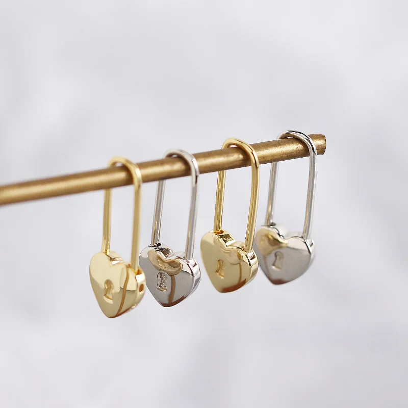 European Hot Sale S925 Silver Heart Clip On Hoop Earrings Silver Long Lock Love Heart Clip Earrings For Women 2021