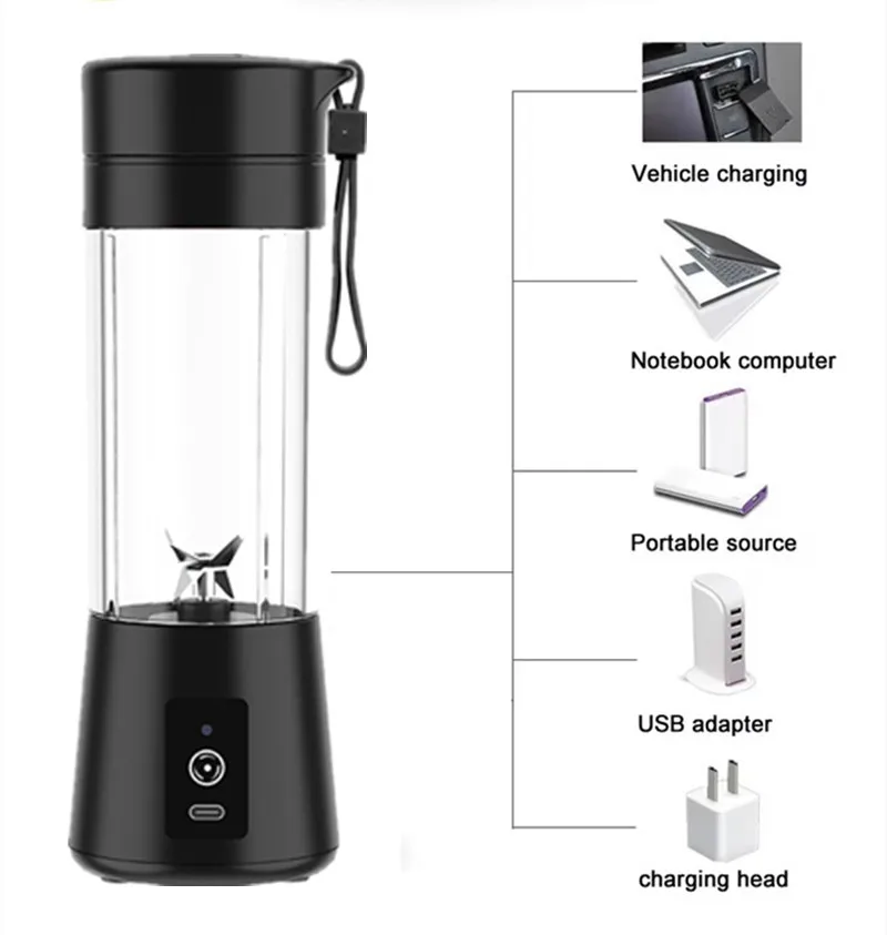 Portable Rechargeable Electric Juicer Durable Plastic Customized Eco-friendly Home and Outdoor Logo Gray Kitchen Green Yc-1