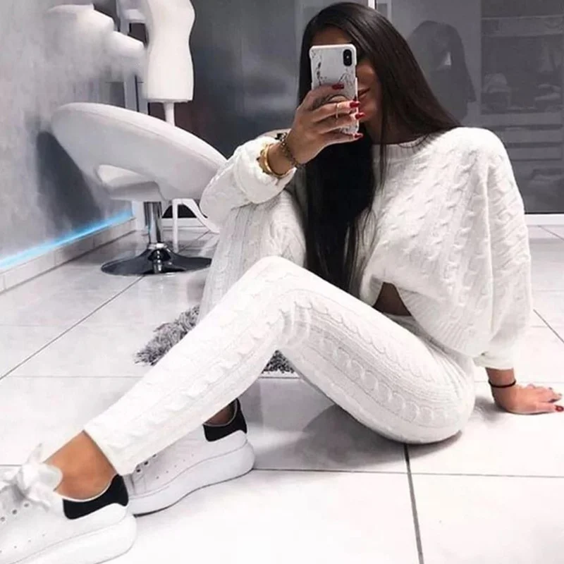 knitted  Women Solid Sweater + long pants Sets new Winter Warm Suits 2 piece outfits