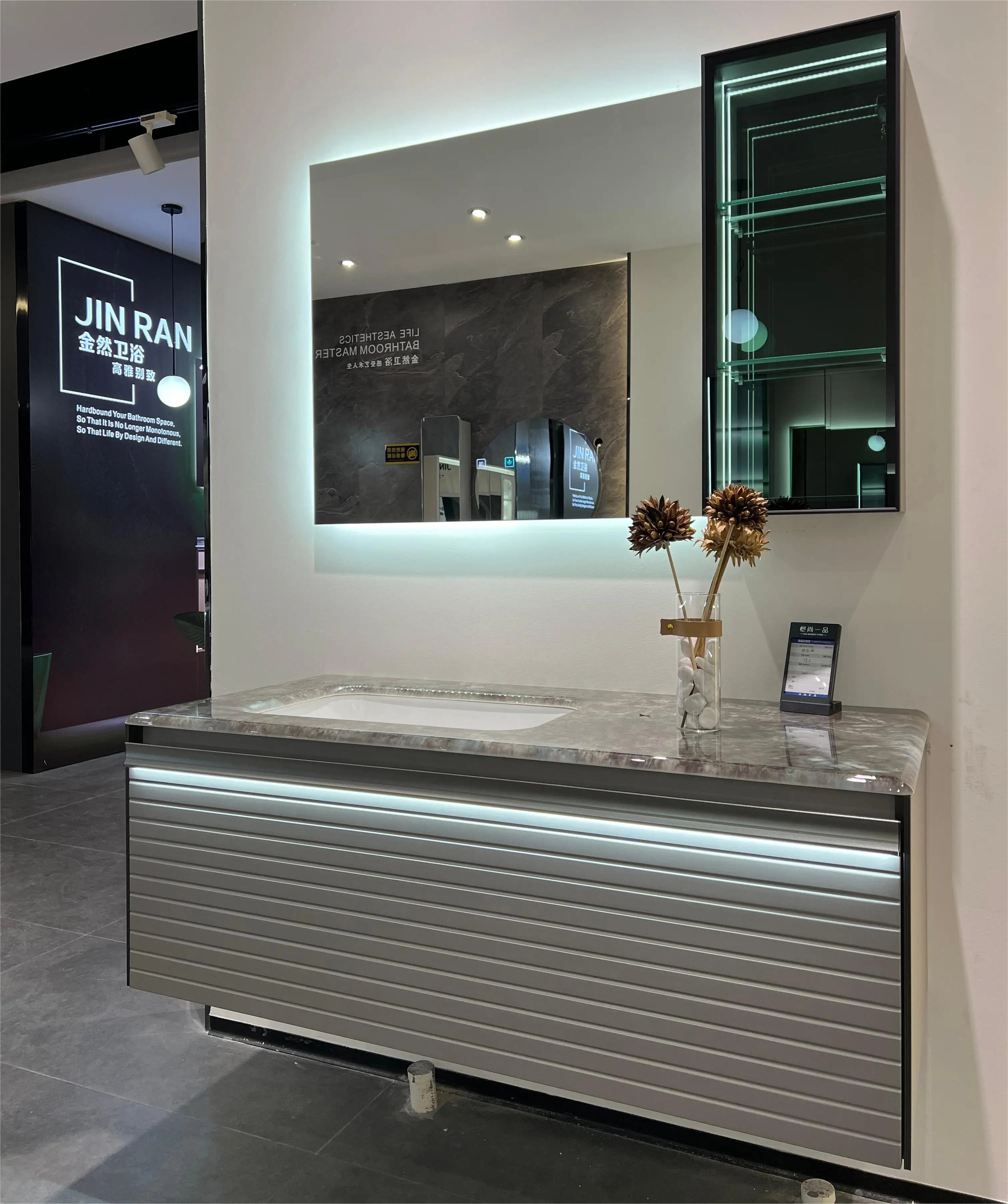 2024 Customizable Modern Luxury Marble Vanity Bathroom Cabinet Wall-mounted LED Smart Mirror Home Bar Smart Mirror Bedroom