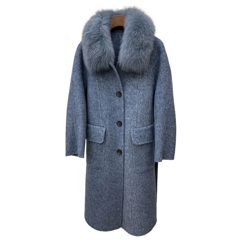 High Quality Fur Collar Wool Coat Winter Fashion Women Cashmere Coat With Real Fur