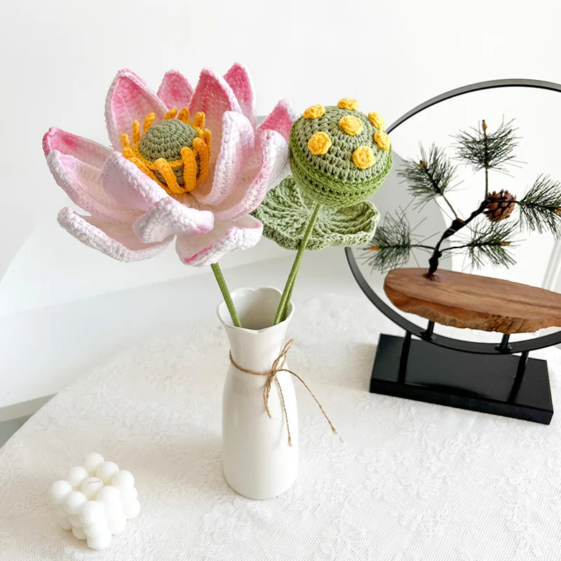 Crochet Lotus Flower Arrangement Desktop Art Ornaments Party Home Decoration Wool Knitting Eternal Flower