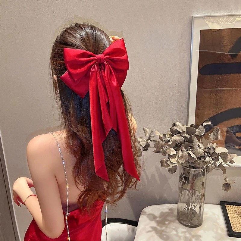 Elegant Bow Ribbon Hair Clip for Women Fashion Solid Satin Spring Clip Simple Hairpin Headband with Clips Girls Hair Accessories