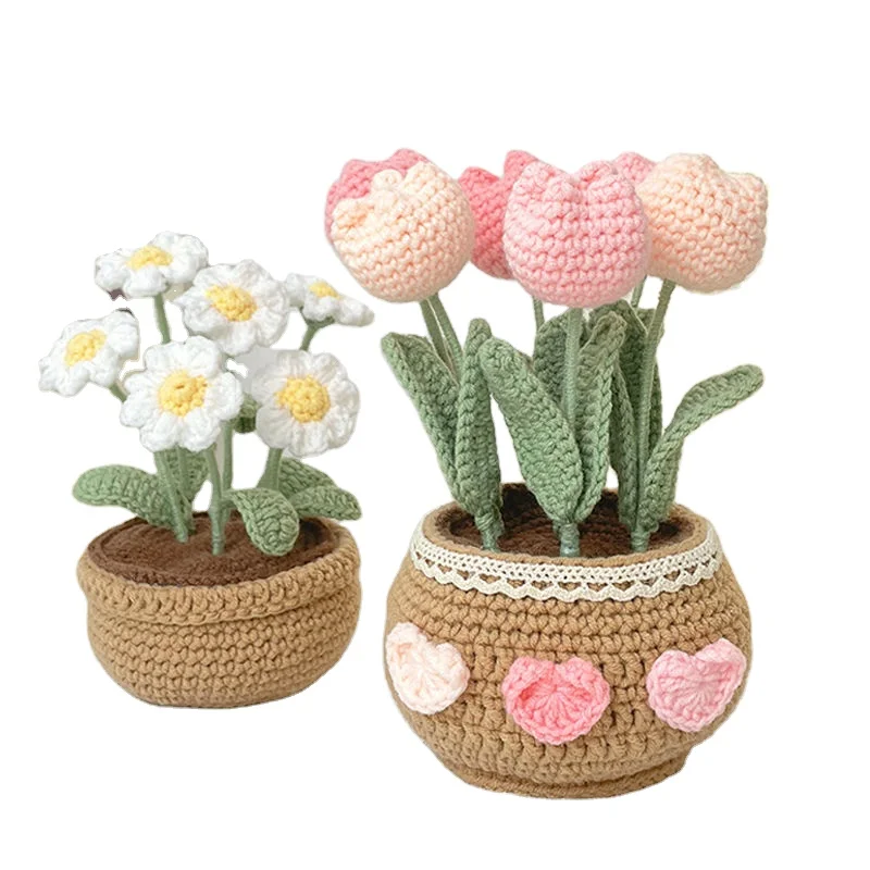 Wholesale Handmade Woven flower Tabletop Decoration for Home Decor various styles Potted Woolen Flowers