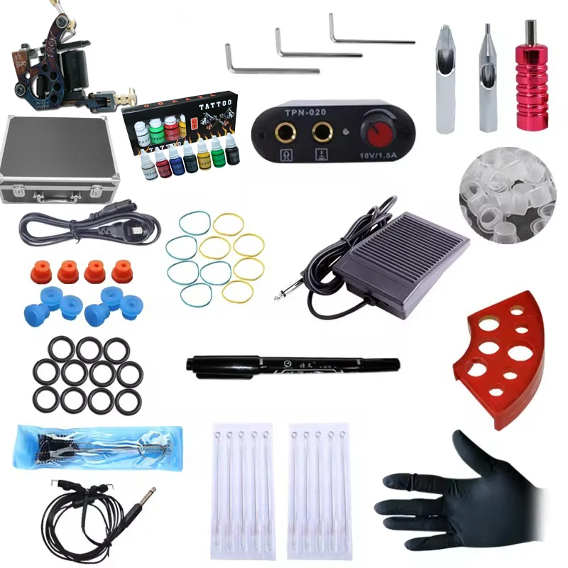 Tattoo Student  kits  With 1Coil Tattoo Guns 1mini Power Supply  7 ink  colors Complete Tattoo Set