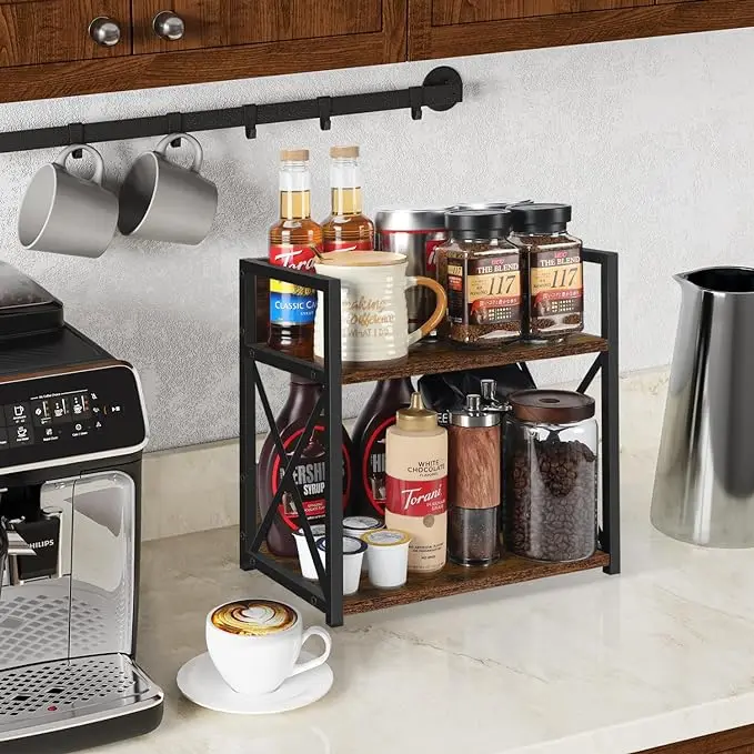 2-Layer Wooden Coffee Bar Accessory Storage Rack for Countertops with Seasoning Mugs Cups Cream & Syrup Holder