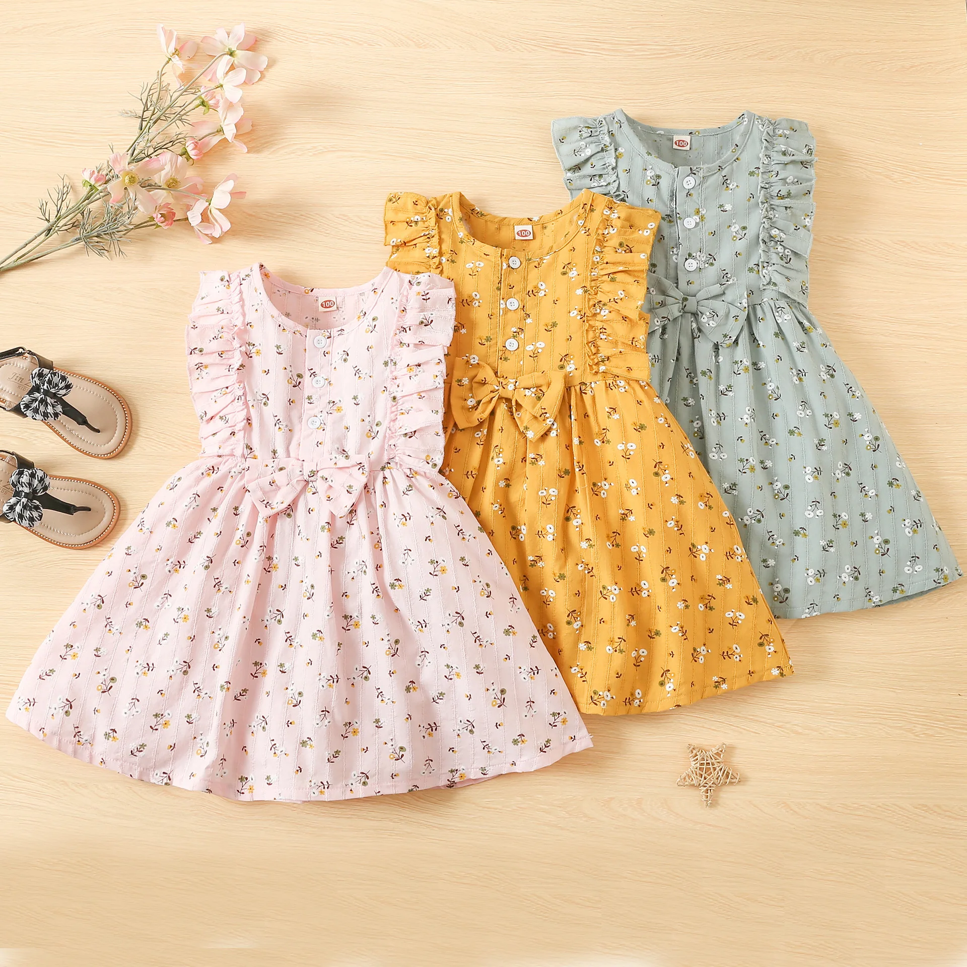 2022 Toddler Baby Girls Sleeveless Ruffles Floral Printed Bowknot Princess Dress New Summer Casual Newborn Infant Clothing