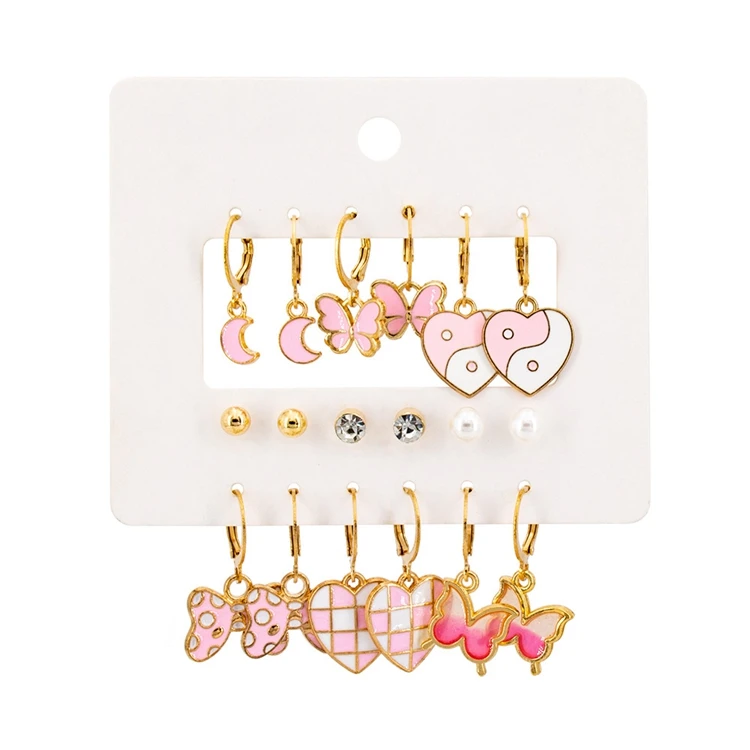 MSI-12 Wholesale Fashion Earrings Women Ear Jewelry Kit Pearl Alloy Knot Pink Heart Butterfly Moon Crystal 12 Pairs Earring Set